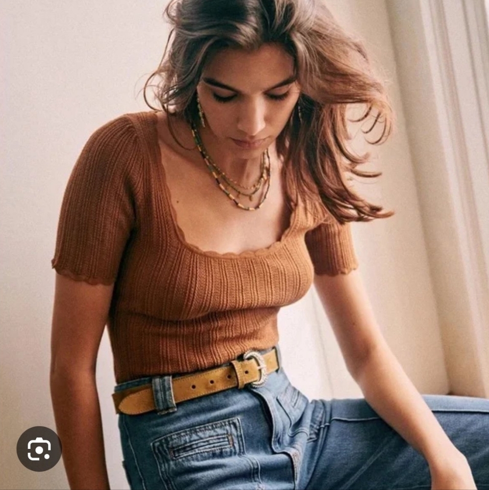 Sezane Anil Jumper Short Sleeve Sweater Knit Coffee Tan Brown Small